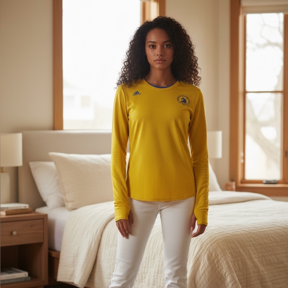 Adidas Women's Vibrant Yellow Long Sleeve Tee- 121st Boston Marathon